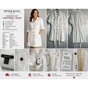 Style&Co.  Womens Utility  12P White 100% Linen Safari Jacket Tunic Belted Top